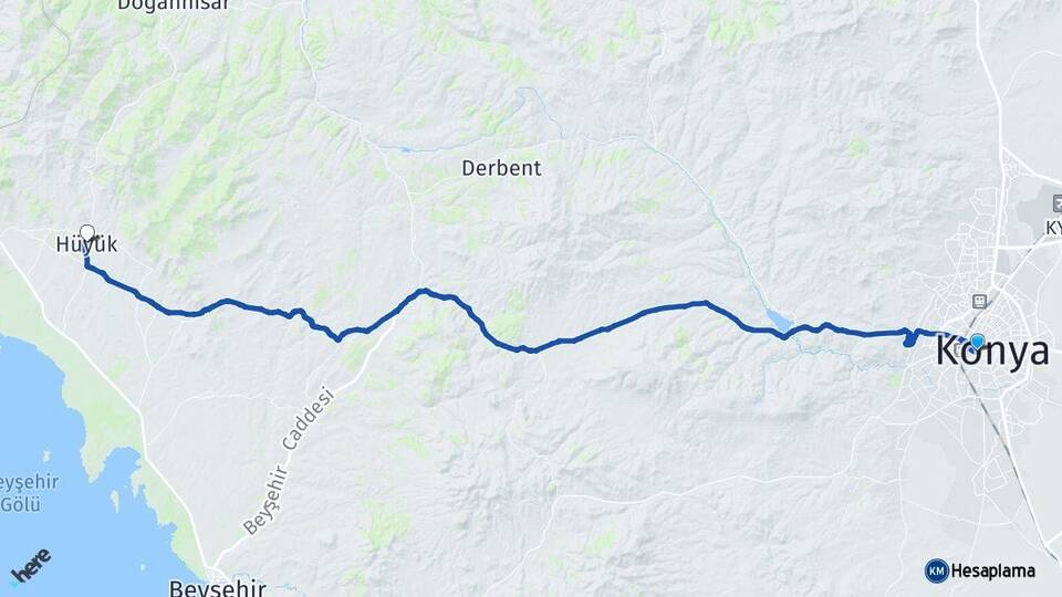 Konya Meram Hüyük Arası Kaç Km - Yol Haritası