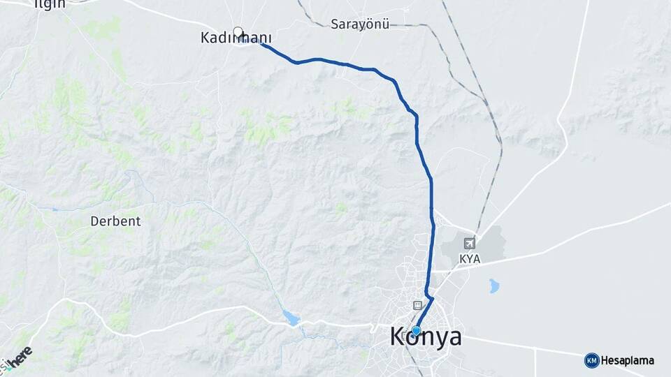 Konya Meram Kadınhanı Arası Kaç Km - Yol Haritası