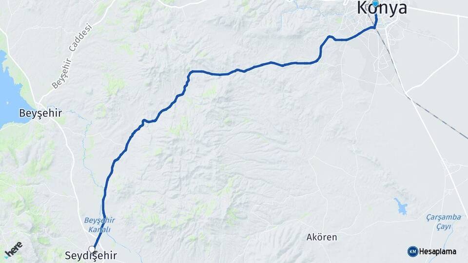 Konya Meram Seydişehir Arası Kaç Km - Yol Haritası