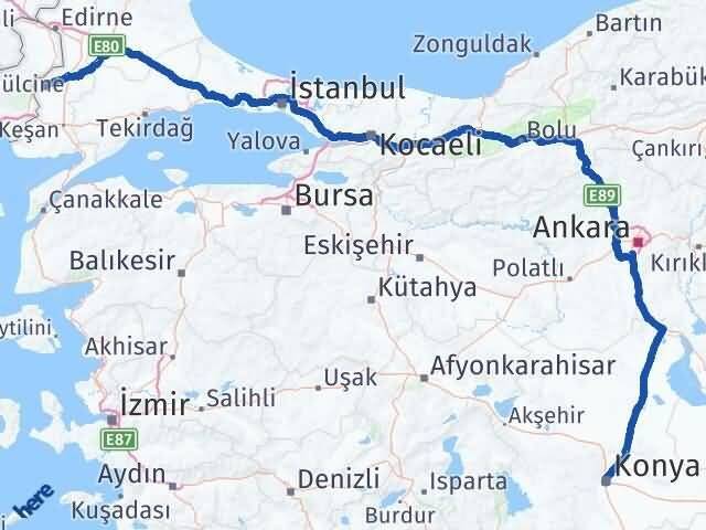 Konya Meriç Edirne Arası Kaç Km - Yol Haritası