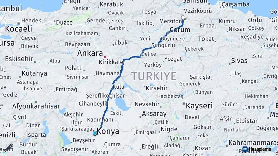 Konya Merzifon Amasya Arası Kaç Km - Yol Haritası