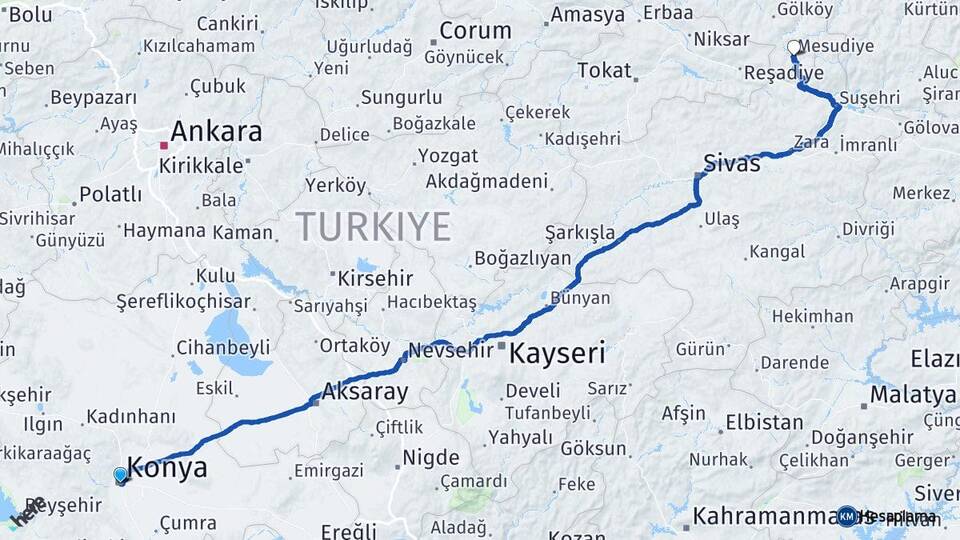 Konya Mesudiye Ordu Arası Kaç Km - Yol Haritası