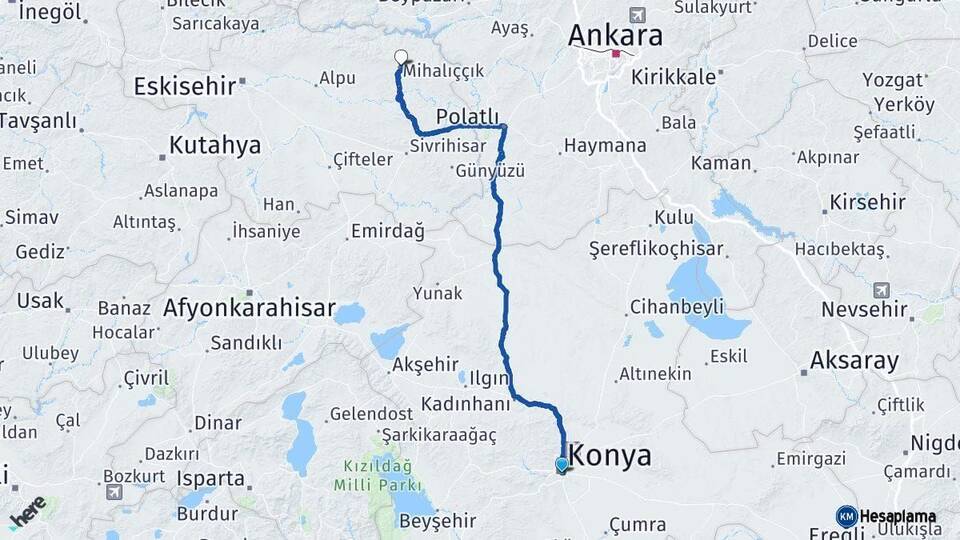Konya Mihalıççık Eskişehir Arası Kaç Km - Yol Haritası