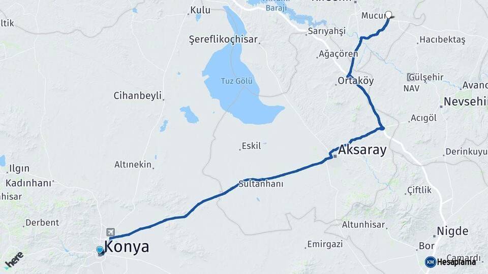 Konya Mucur Kırşehir Arası Kaç Km - Yol Haritası