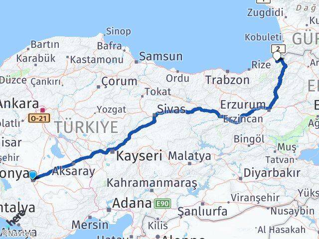 Konya Murgul Artvin Arası Kaç Km - Yol Haritası