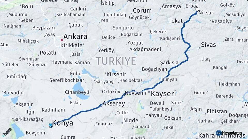 Konya Niksar Tokat Arası Kaç Km - Yol Haritası