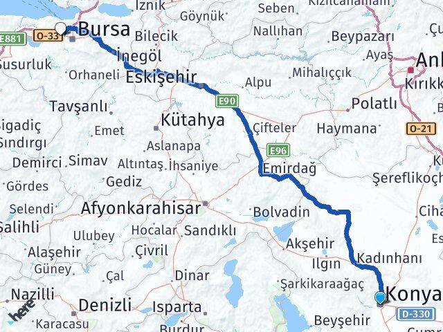 Konya Nilüfer Bursa Arası Kaç Km - Yol Haritası