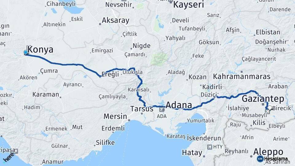 Konya Oğuzeli Gaziantep Arası Kaç Km - Yol Haritası