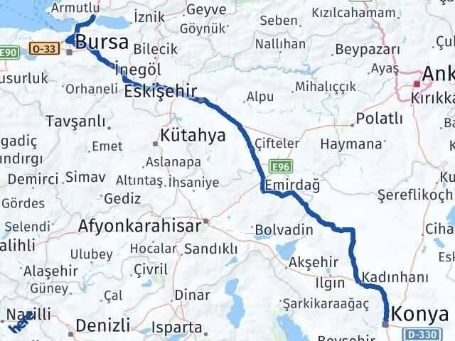 Konya Orhangazi Bursa Arası Kaç Km - Yol Haritası