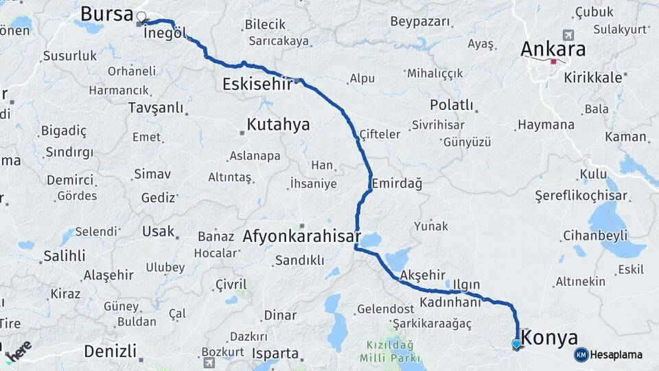Konya Osmangazi Bursa Arası Kaç Km - Yol Haritası