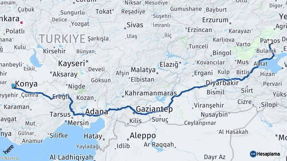 Konya Patnos Ağrı Arası Kaç Km - Yol Haritası