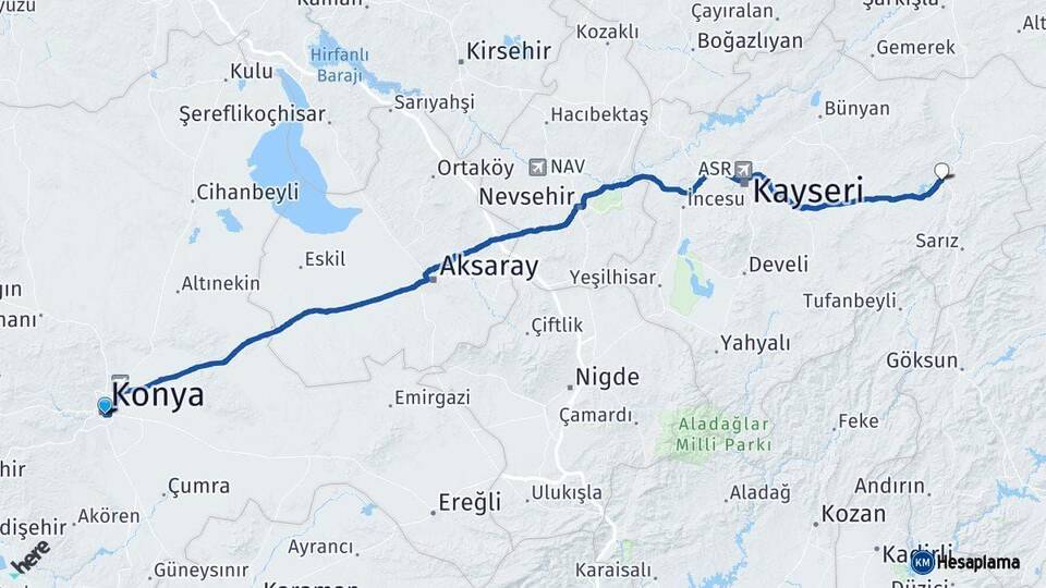 Konya Pınarbaşı Kayseri Arası Kaç Km - Yol Haritası