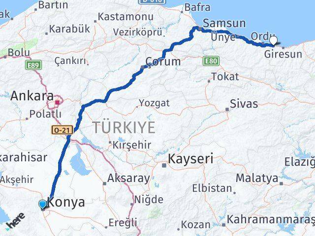 Konya Piraziz Giresun Arası Kaç Km - Yol Haritası