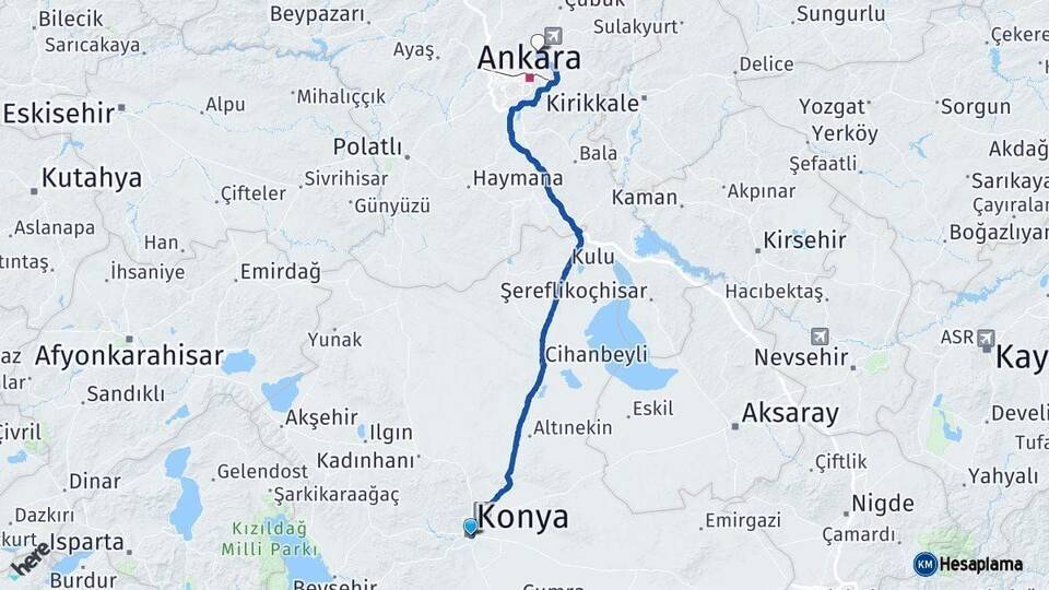 Konya Pursaklar Ankara Arası Kaç Km - Yol Haritası