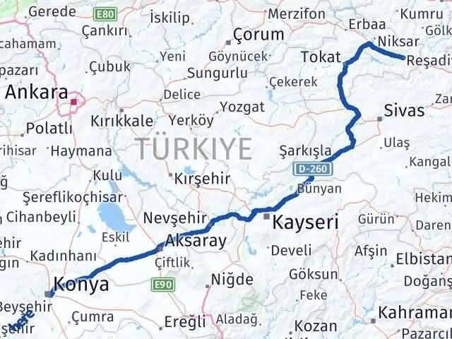 Konya Reşadiye Tokat Arası Kaç Km - Yol Haritası