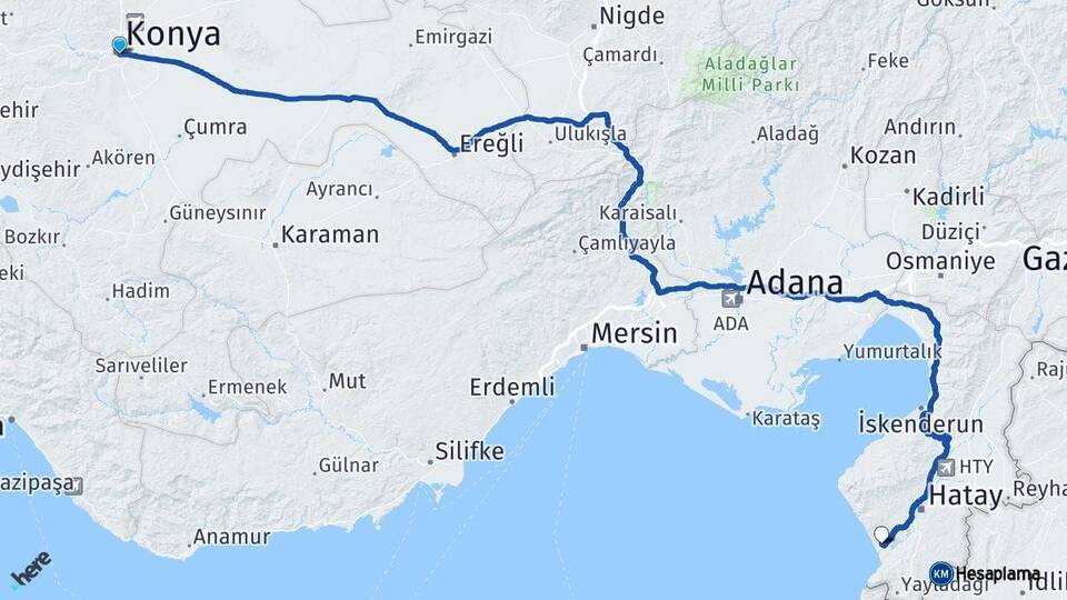 Konya Samandağ Hatay Arası Kaç Km - Yol Haritası