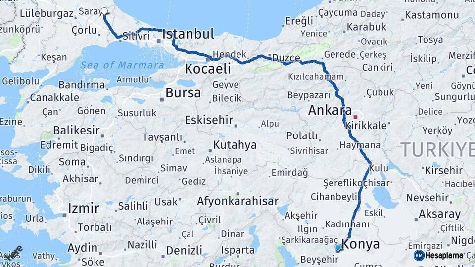 Konya Saray Tekirdağ Arası Kaç Km - Yol Haritası