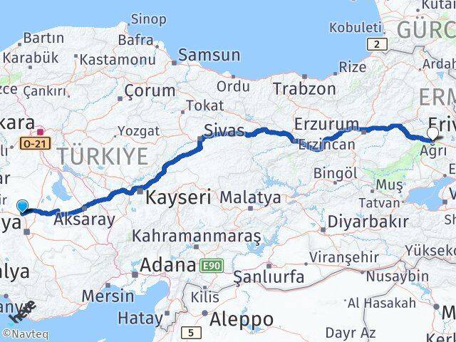 Konya Sarayönü Ağrı Arası Kaç Km - Yol Haritası