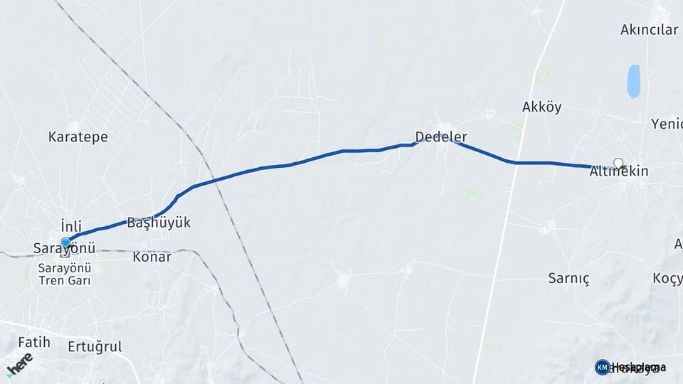 Konya Sarayönü Altınekin Arası Kaç Km - Yol Haritası