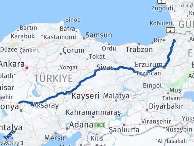 Konya Sarayönü Artvin Arası Kaç Km - Yol Haritası