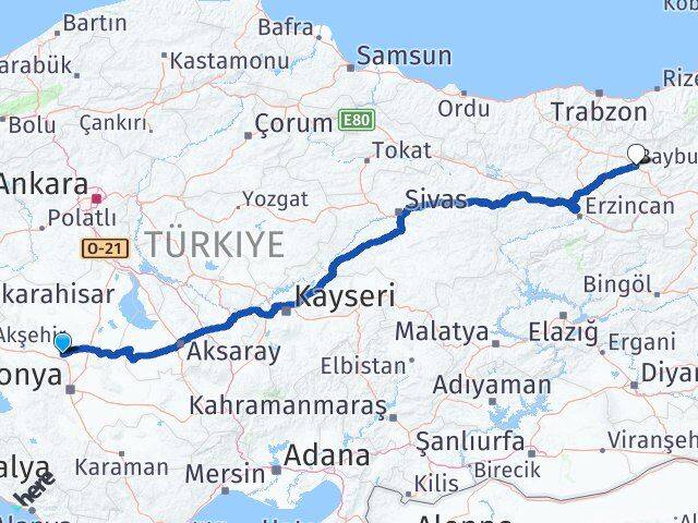 Konya Sarayönü Bayburt Arası Kaç Km - Yol Haritası
