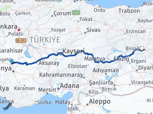 Konya Sarayönü Bingöl Arası Kaç Km - Yol Haritası