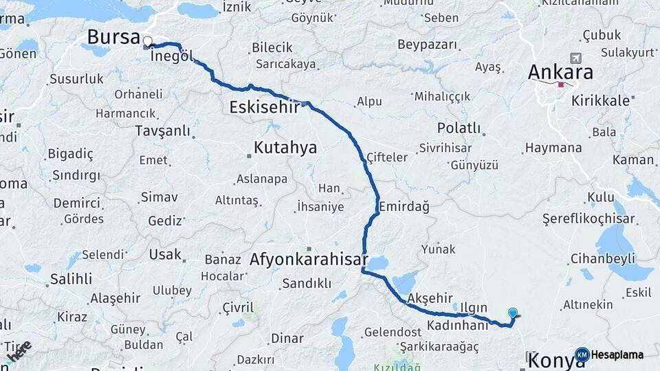 Konya Sarayönü Bursa Arası Kaç Km - Yol Haritası