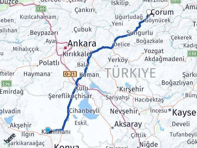 Konya Sarayönü Çorum Arası Kaç Km - Yol Haritası