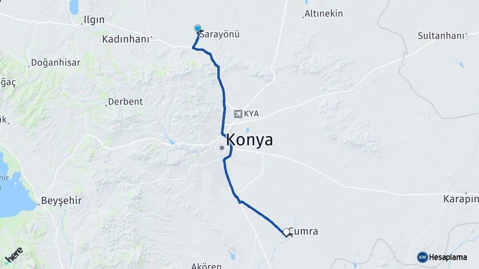 Konya Sarayönü Çumra Arası Kaç Km - Yol Haritası