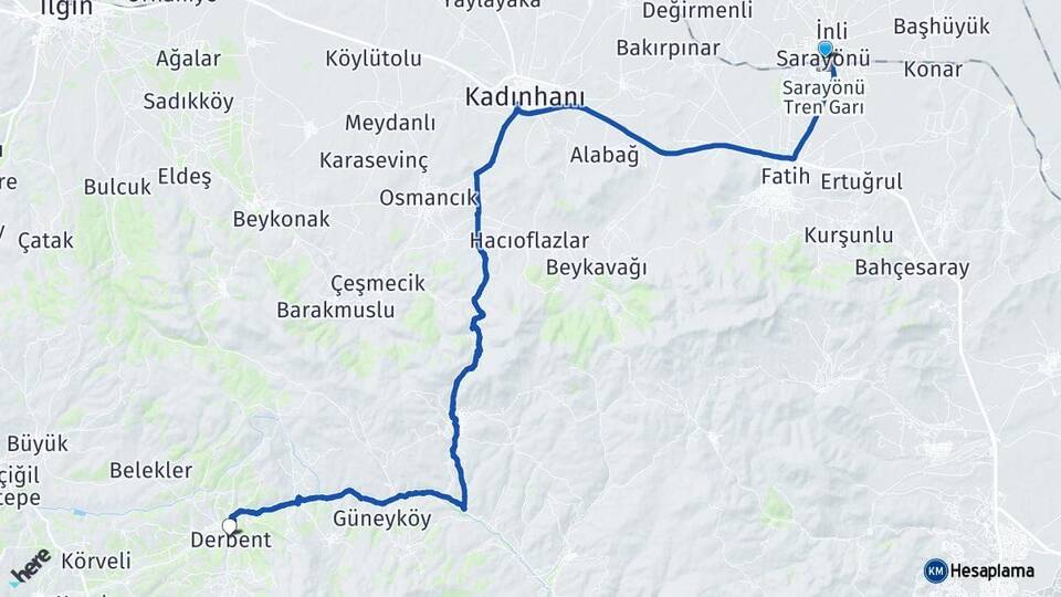 Konya Sarayönü Derbent Arası Kaç Km - Yol Haritası