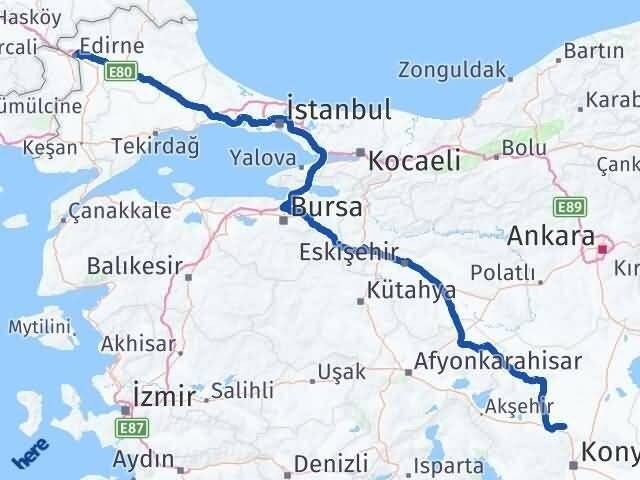 Konya Sarayönü Edirne Arası Kaç Km - Yol Haritası