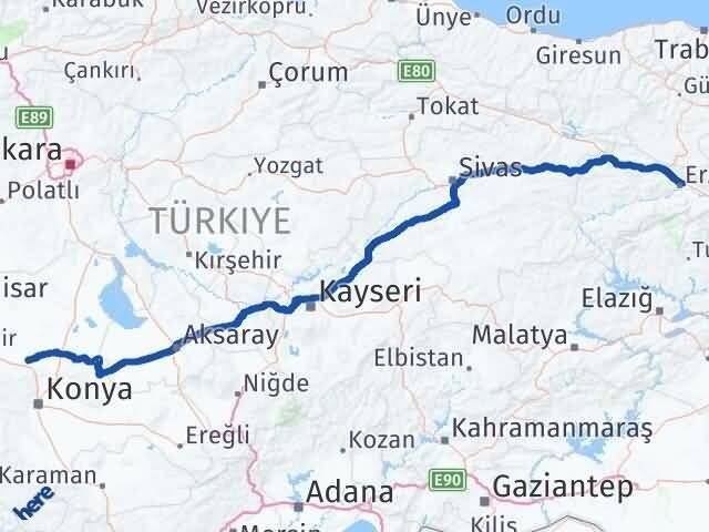 Konya Sarayönü Erzincan Arası Kaç Km - Yol Haritası