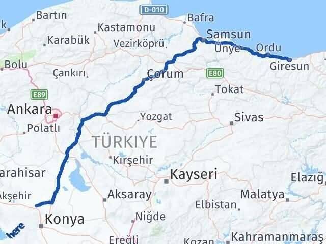 Konya Sarayönü Giresun Arası Kaç Km - Yol Haritası
