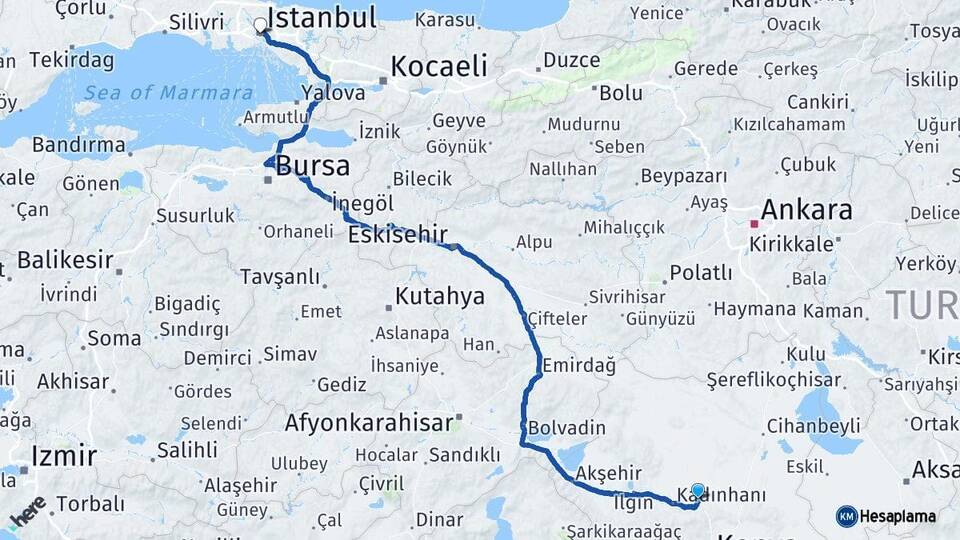 Konya Sarayönü İstanbul Arası Kaç Km - Yol Haritası