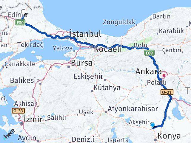 Konya Sarayönü Kırklareli Arası Kaç Km - Yol Haritası