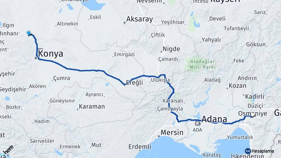Konya Sarayönü Ladik Osmaniye Arası Kaç Km - Yol Haritası
