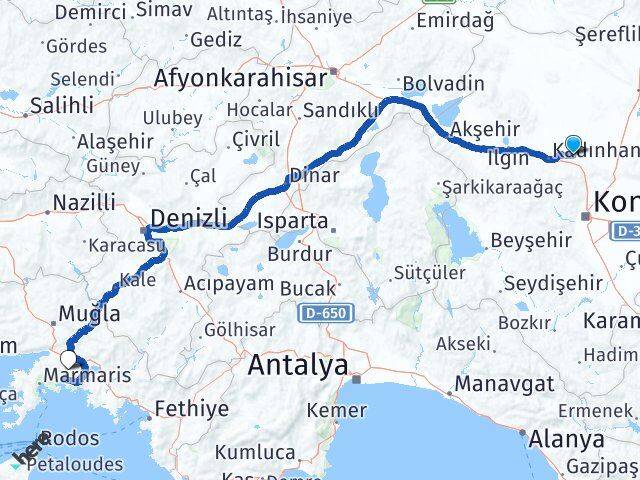 Konya Sarayönü Muğla Arası Kaç Km - Yol Haritası