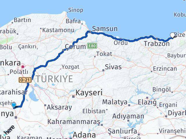 Konya Sarayönü Rize Arası Kaç Km - Yol Haritası