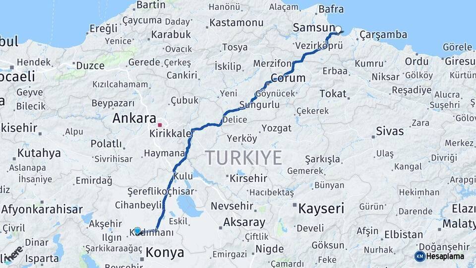 Konya Sarayönü Samsun Arası Kaç Km - Yol Haritası