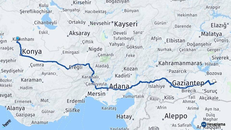 Konya Sarayönü Şanlıurfa Arası Kaç Km - Yol Haritası