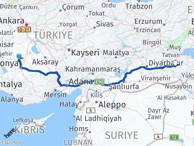 Konya Sarayönü Siirt Arası Kaç Km - Yol Haritası