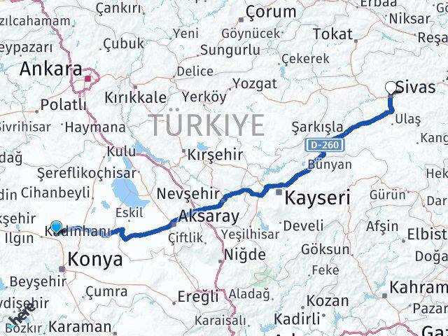Konya Sarayönü Sivas Arası Kaç Km - Yol Haritası