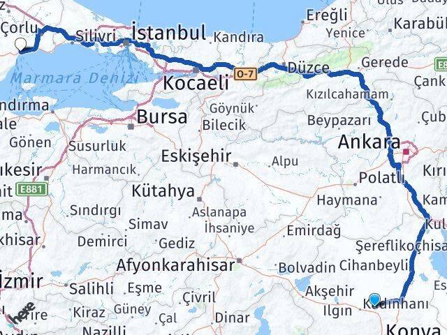 Konya Sarayönü Tekirdağ Arası Kaç Km - Yol Haritası