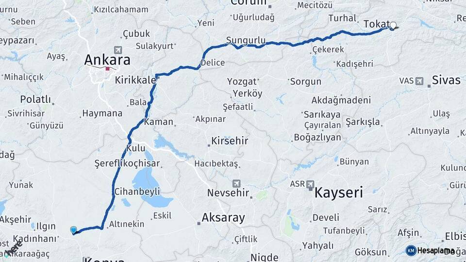 Konya Sarayönü Tokat Arası Kaç Km - Yol Haritası