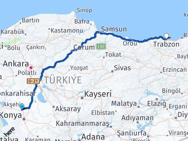 Konya Sarayönü Trabzon Arası Kaç Km - Yol Haritası