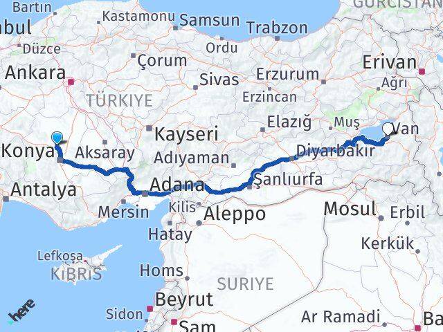 Konya Sarayönü Van Arası Kaç Km - Yol Haritası