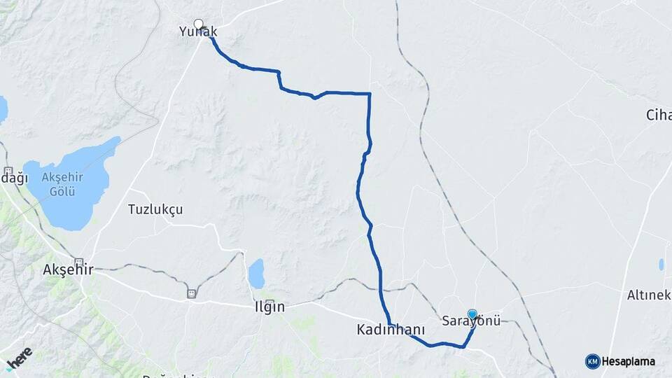 Konya Sarayönü Yunak Arası Kaç Km - Yol Haritası
