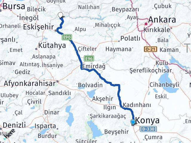 Konya Sarıcakaya Eskişehir Arası Kaç Km - Yol Haritası