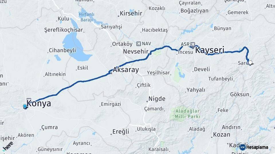 Konya Sarız Kayseri Arası Kaç Km - Yol Haritası
