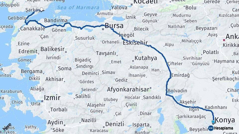 Konya Şarköy Tekirdağ Arası Kaç Km - Yol Haritası